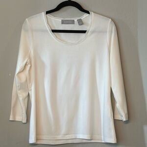 Liz Claiborne White Knit Top L 3/4 Sleeve Cotton Modal Stretch Classic
